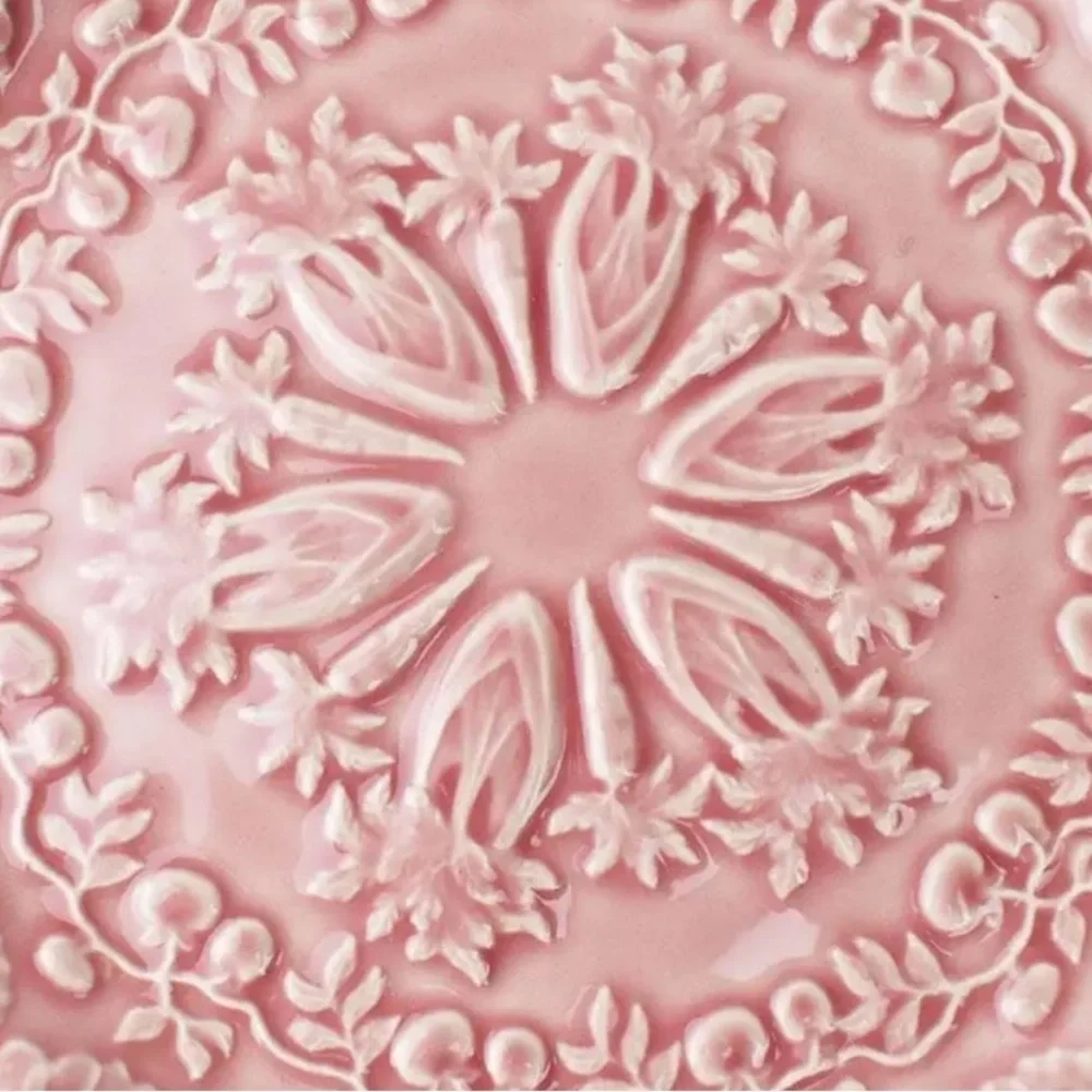Pink Ceramic Majolica Spring Motif Plate by Rafael Bordallo Pinheiro, Portugal
